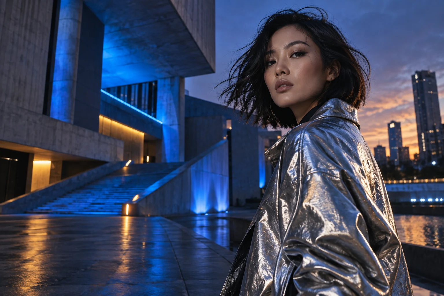 Fashion creator in a silver jacket against a cinematic blue cityscape