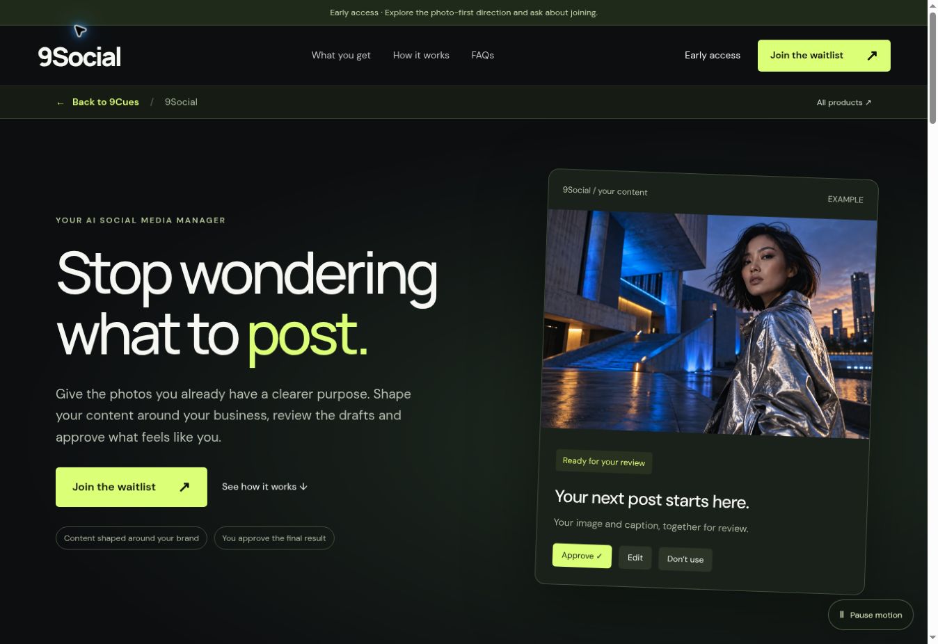 Screenshot of the 9Social website, showing its homepage design